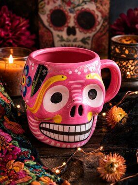 Pink Skull Mug Hand-Painted Day of the Dead Dia de los Muertos Ceramic Cup